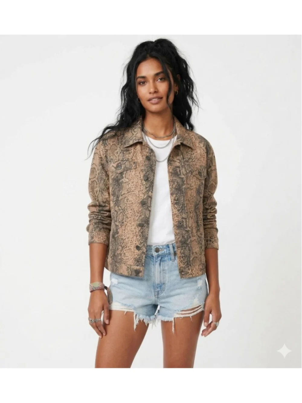 Free People Brown & Black Snake Print Jean Jacket - Small - Picture 2 of 11